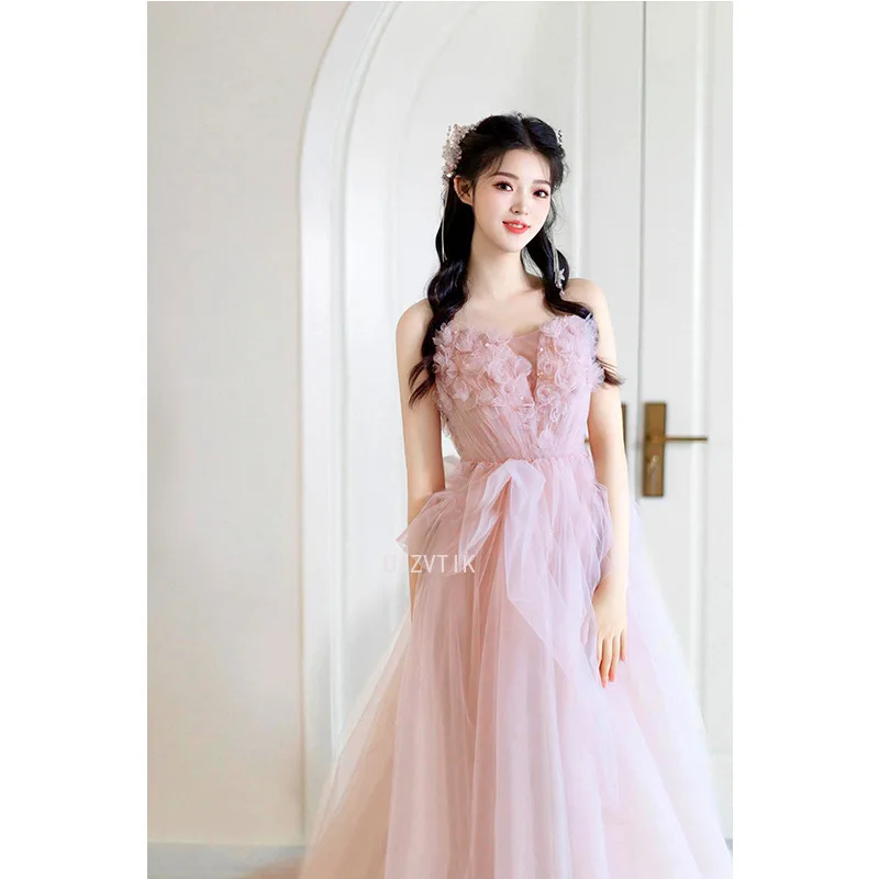 Różowe Sukienki Ślubne Damskie Elegancka Siateczka Sukienka na Zaręczyny Toast Zdjęcia Sesja Fotograficzna Modna Sukienka dla Prowadzącej Pokaz Suknia Ślubna