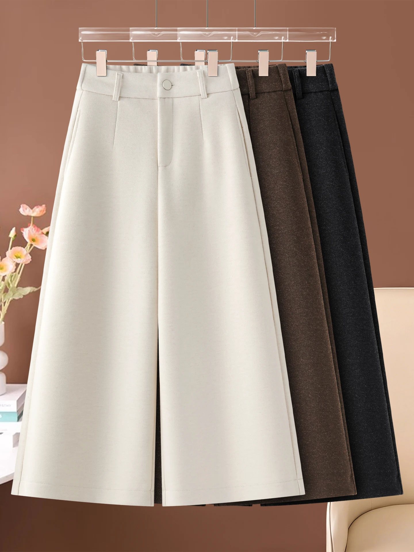 

Осенне-зимние женские шерстяные брюки с широкими штанинами, повседневные, удобные, на флисовой подкладке, прямого кроя, длиной 7/8, с высокой талией