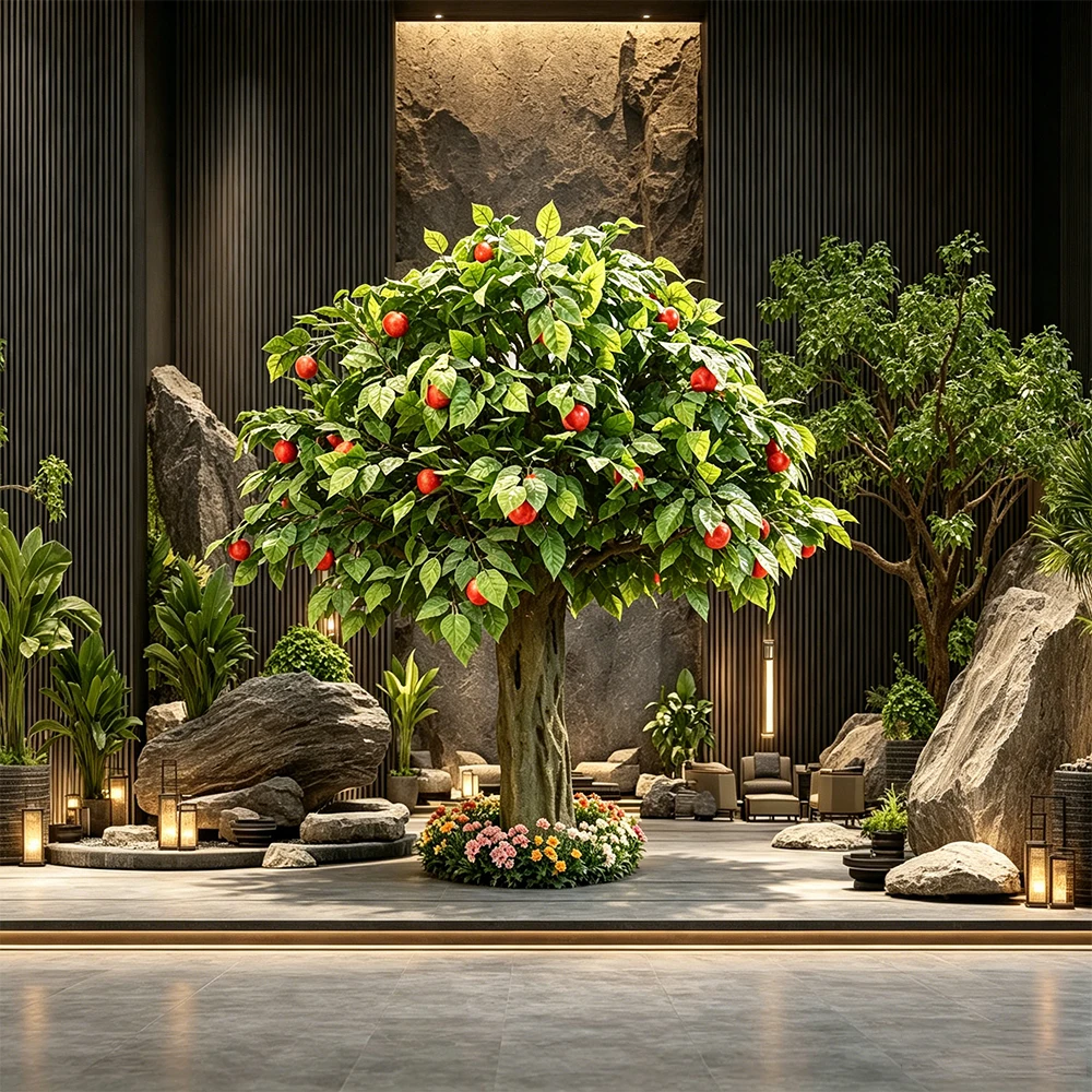 Building Entrance Furnishing Weatherproof Eco-Friendly Durable Silk Leaf Artificial Apple Tree Stable Base