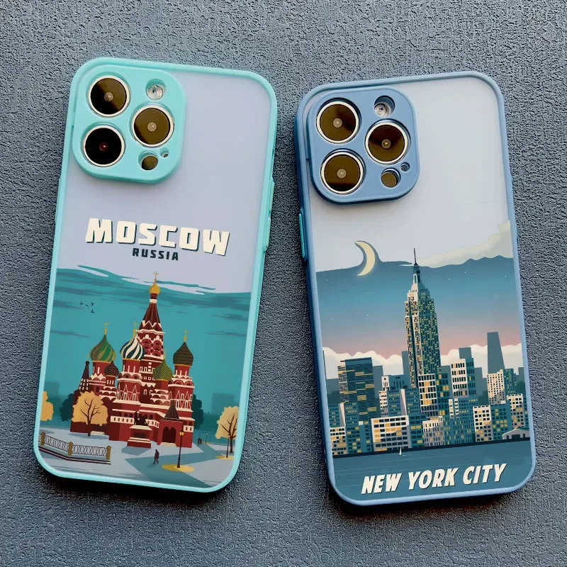 Moscow New York City Scenery Phone Case For iPhone 16 15 14 13 12 11 Pro Max Mini X XS XR SE 7 Plus Shockproof Hard Cover Fundas