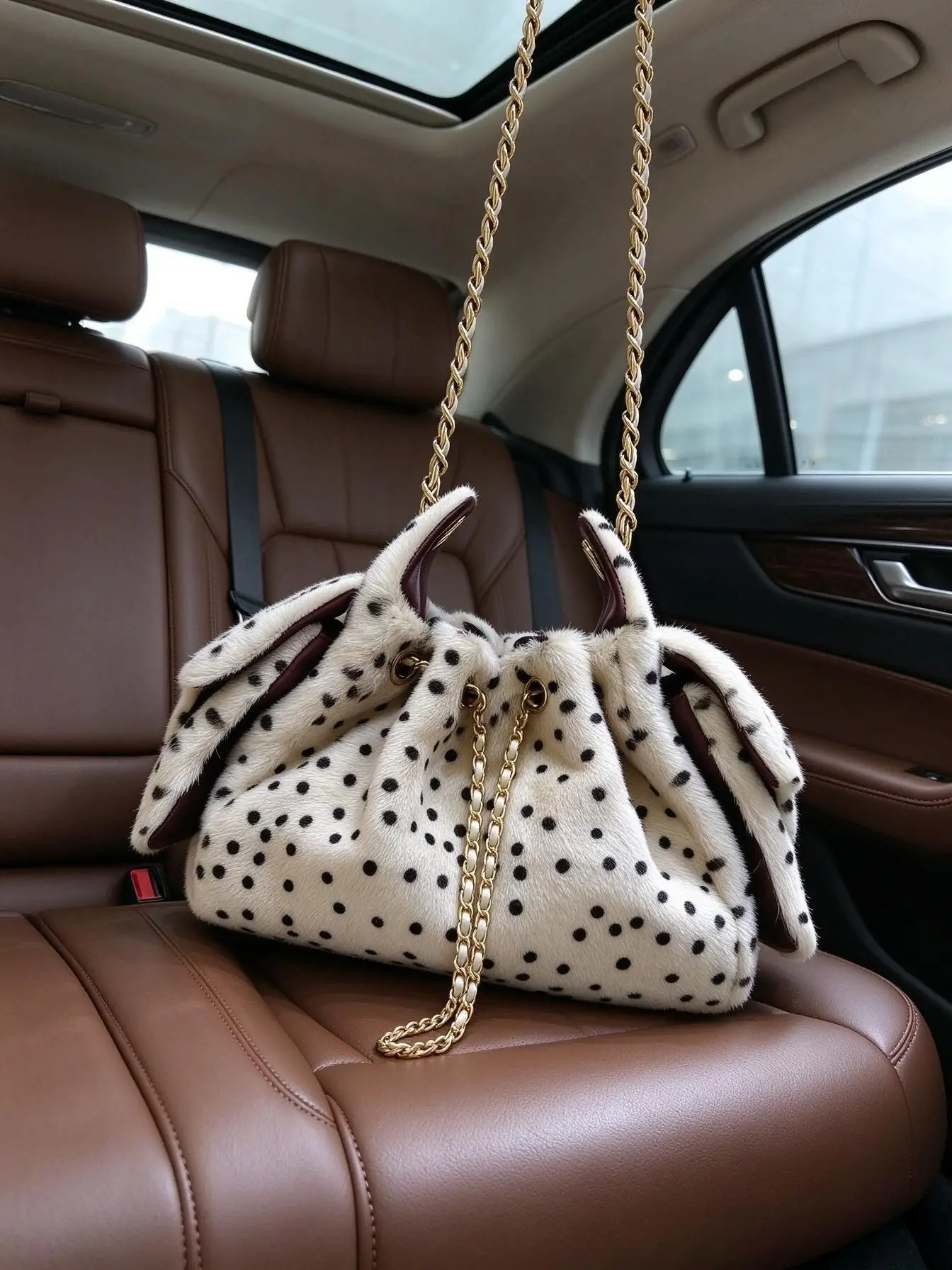 Unisex White Polka Dot Plush Bucket Bag Soft Furry Drawstring Handbag Interwoven Chain Shoulder Crossbody Bag