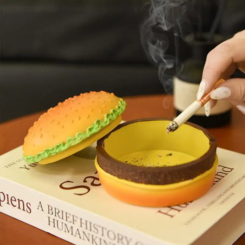 

Creative Home Use Ashtray Cute Burger with Lid Living Room Bedroom Office High-End Table Resin Material Blue Valley Brand
