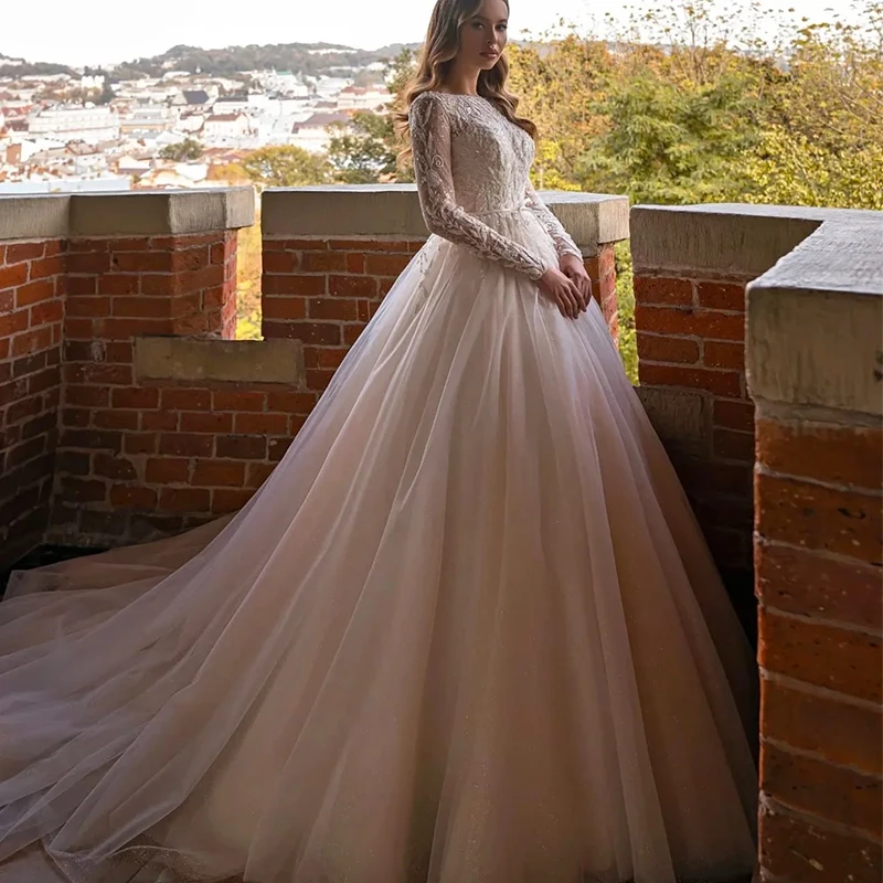 

Luxurious Wedding Dress Bead Organza With Embroidery Ball Gown Full Sleeve O-Neck Bride Dress Customized Button Vestido De Novia