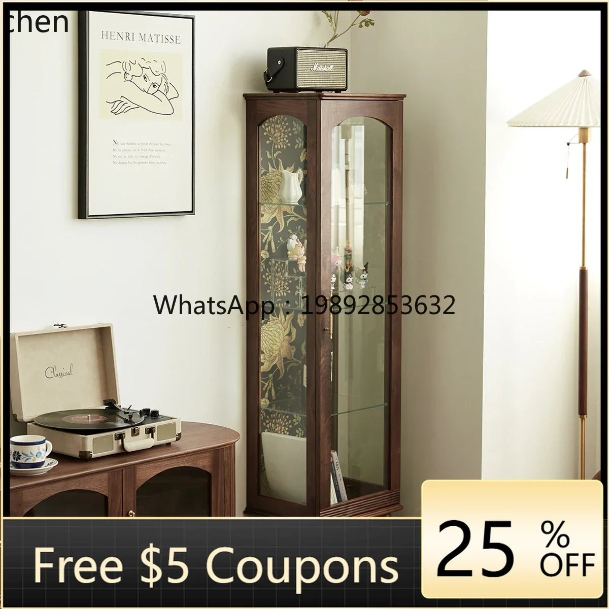 

ZWS. Vintage Black Walnut Solid Wood Bookcase Living Room Glass Storage Cabinet