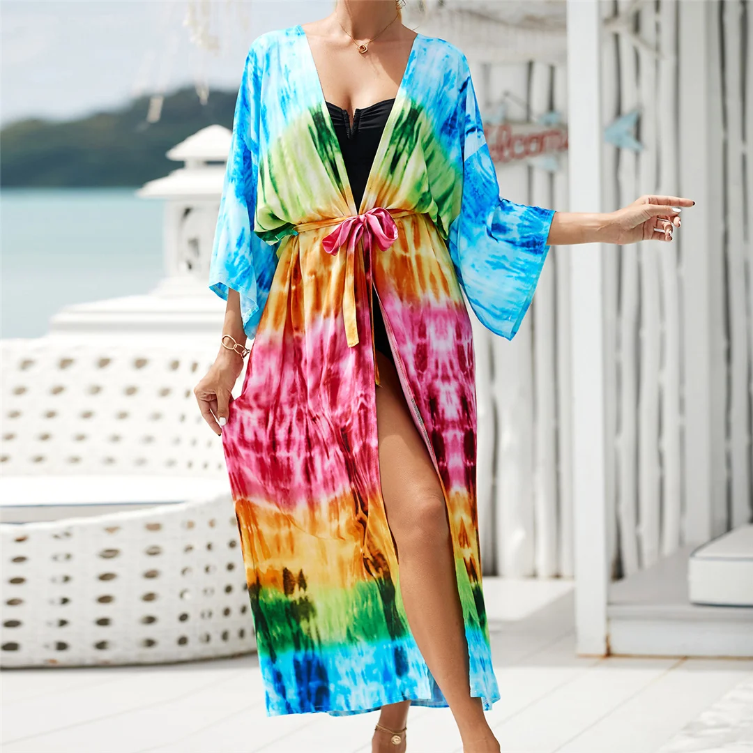 13 Farben, bedruckt, mit Gürtel, gehäkelte Tunika, Strandkleid, Strandmode, Strandbekleidung, Strandüberwurf, Damen, V7201 – Detail 2