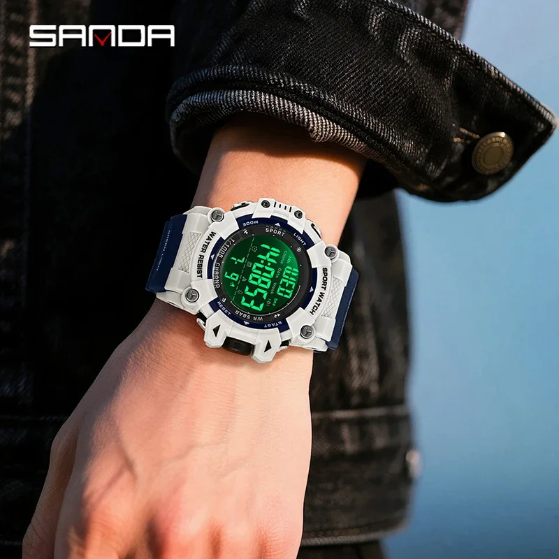SANDA جديد أزياء الرجال للماء ووتش LED الإلكترونية ضوء الليل التناظرية الرقمية العد التنازلي ساعة تنبيه طالب الرياضة ووتش