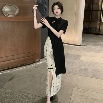 Yaz yeni elbise Retro yüksek dereceli düzensiz kaligrafi yarım etek kadın Robe moda Qipao bayan elbiseler çin cheongsam'lar