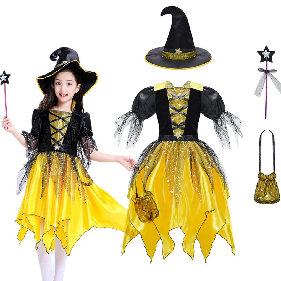 Baby Girls Halloween Witch Costume Children Cosplay Vampire Princess Dresses Kids Dress Up Clothes With Hat Carnival Party Gift