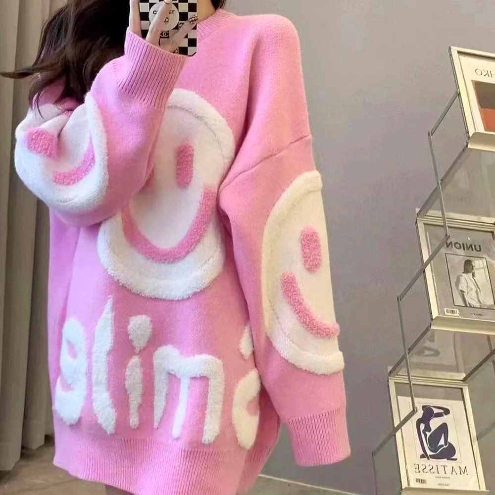 Retro Lazy Wind Three-dimensional Smiley Face Loose Sweater Women's Autumn And Winter Wear Soft Waxy Knitted Sweater On Clothes