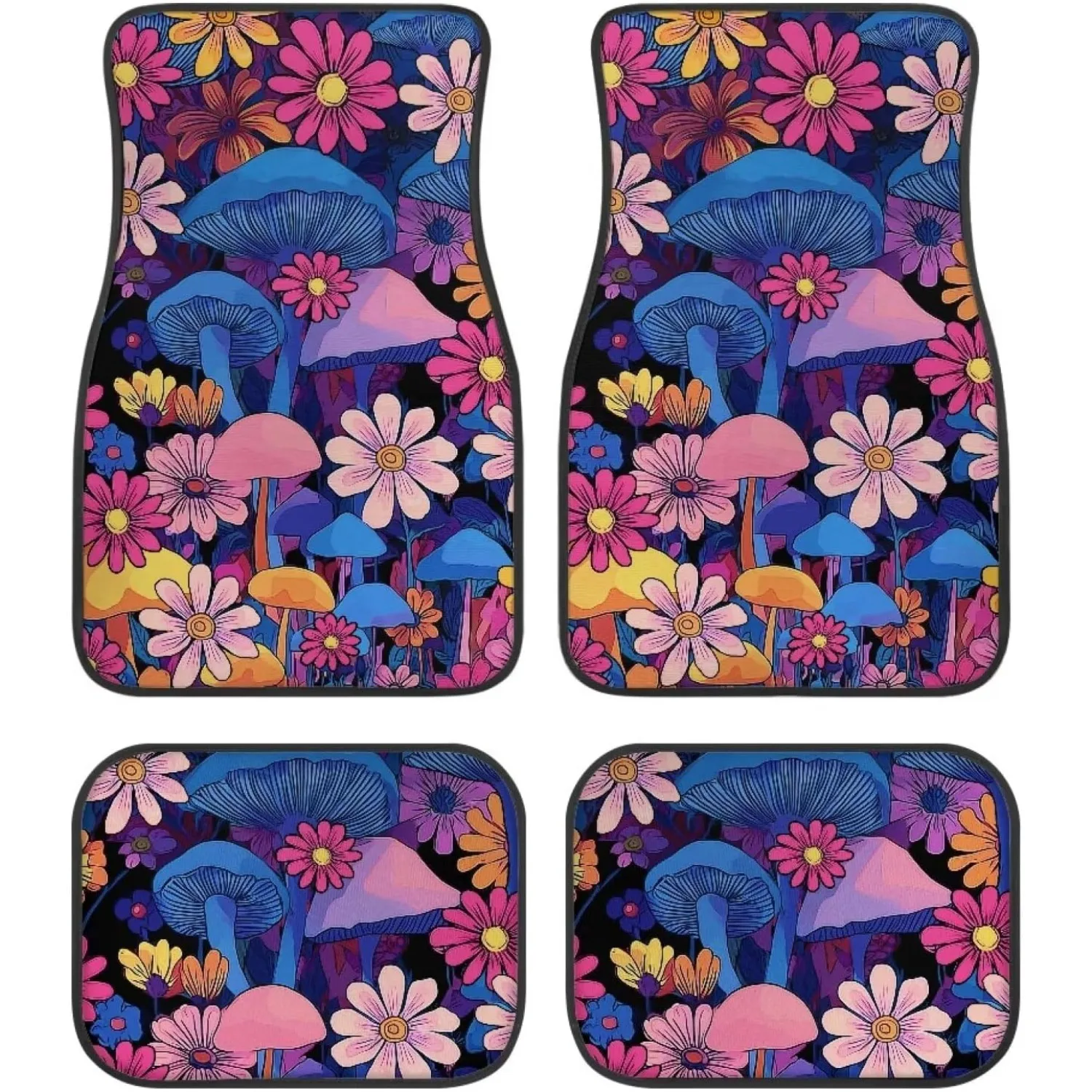 Fit All-Weather Car Floor Mats With Mushroom & Daisy Flower Print - Pink, Blue, Yellow, Purple, Green, Black - Heavy-Duty SUV/Tr