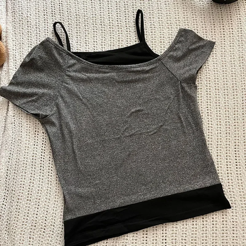 Y2k Gothic Print Tops Women Off Shoulder Short Sleeve Tee Shirt Summer American Vintage Fake Two Piece Halter Lace Up T-shirts