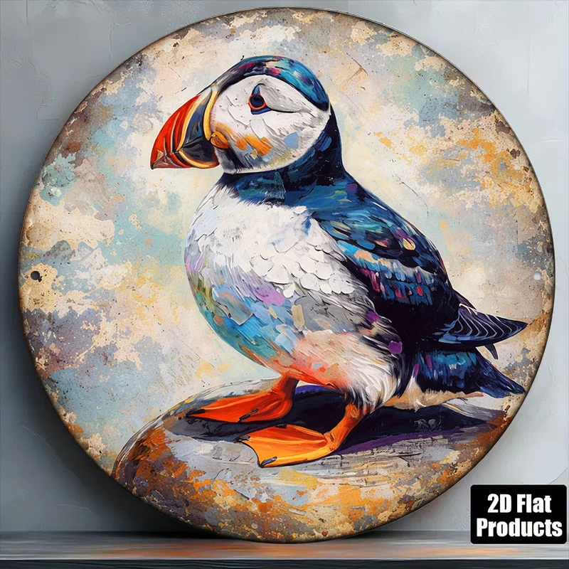2D Flat, 1pc 8x8in/20x20cm 2D Flat Round Sign, Vintage Puffin Plaque, Seabird Decorative Sign, Suitable for Living Room Decor, B