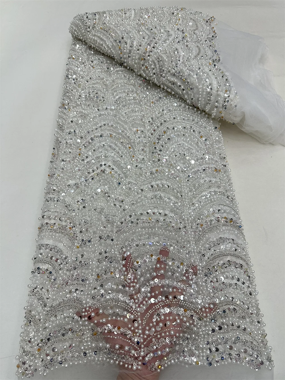 White Nigerian Groom Beads Lace Fabric 2024 High Quality Luxury African Handmade Sequins Lace Fabric For French Wedding Dress