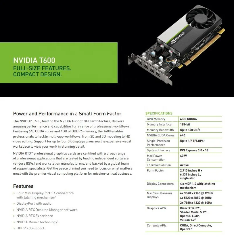 GPU for NVIDIA T600 4 GB GDDR6  Graphics Cards