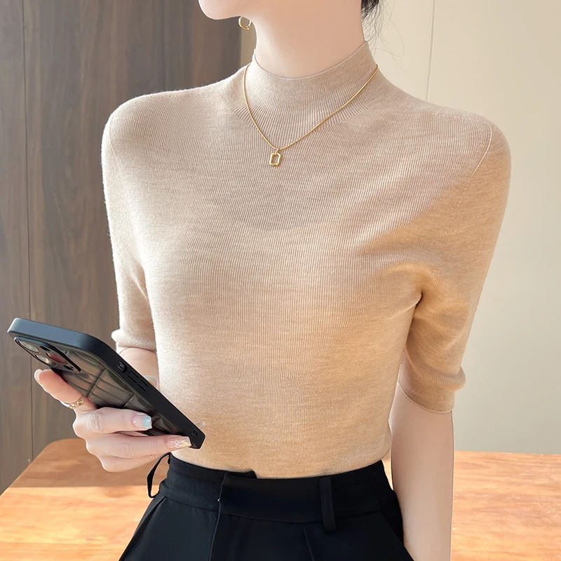 Summer German Yangzisha 100% pure wool half high collar base sweater thin, high-end feeling mid sleeve pullover wool sweater