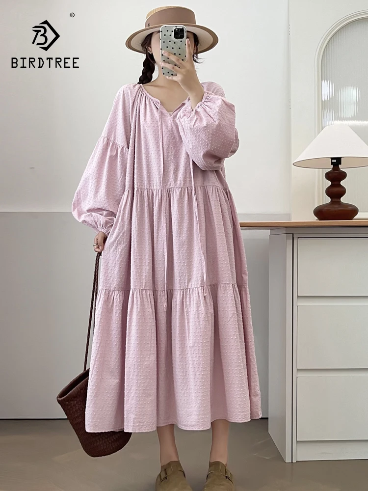 New 2025 Autumn Cotton Lantern Sleeve Dresses, Women O Neck Lace-up, Mori Girl Age Reduction Sweet Casual Loose Dress D58029CC