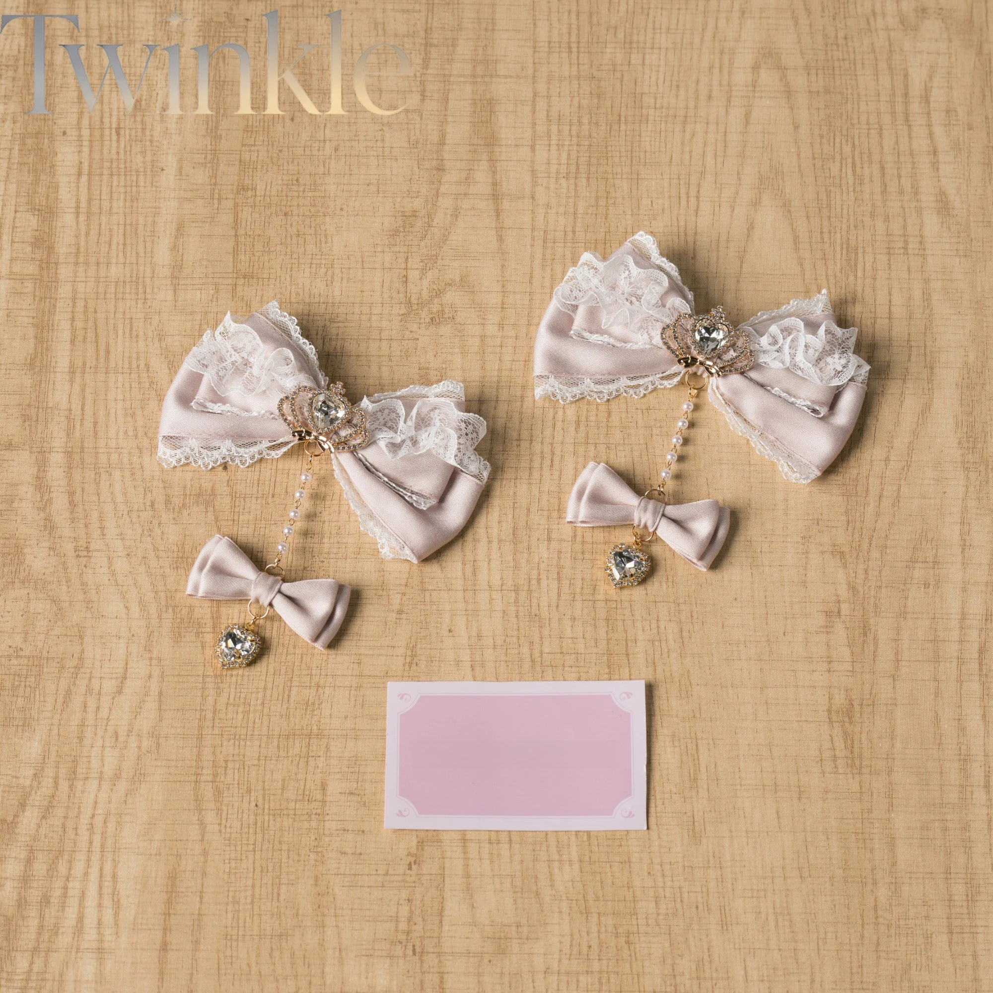 Lolita Hair Clip Set of 2 Women Twin-Tail Bow Tassel Lace-Up Jiraikei Pink Crown Handmade Pair Clips