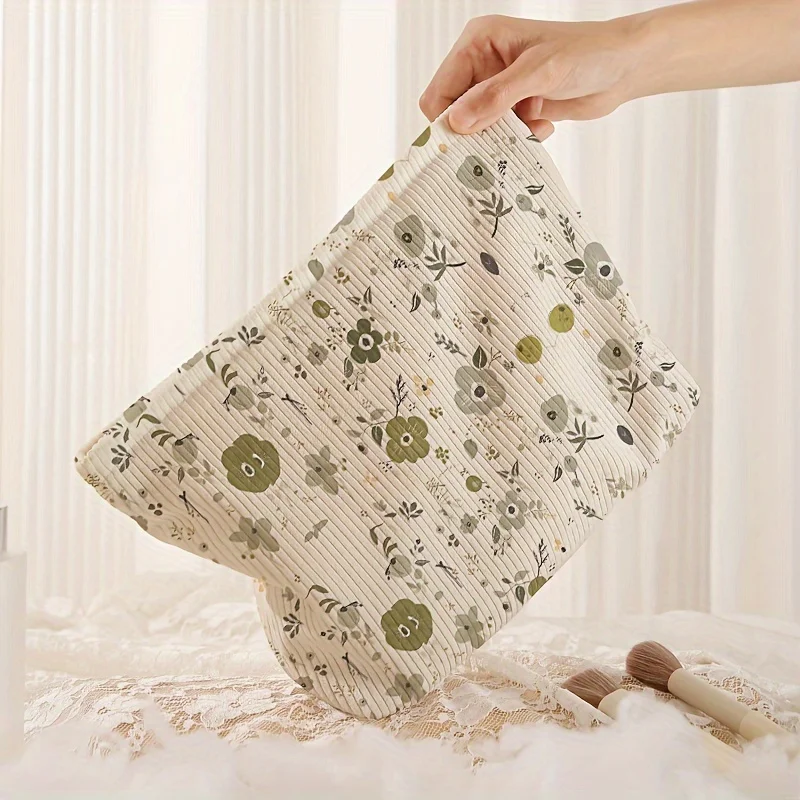 Lightweight Corduroy Makeup Bag with a Green Floral Print Pattern Featuring a Corduroy Zipper Multifunctional Toiletry Pouch