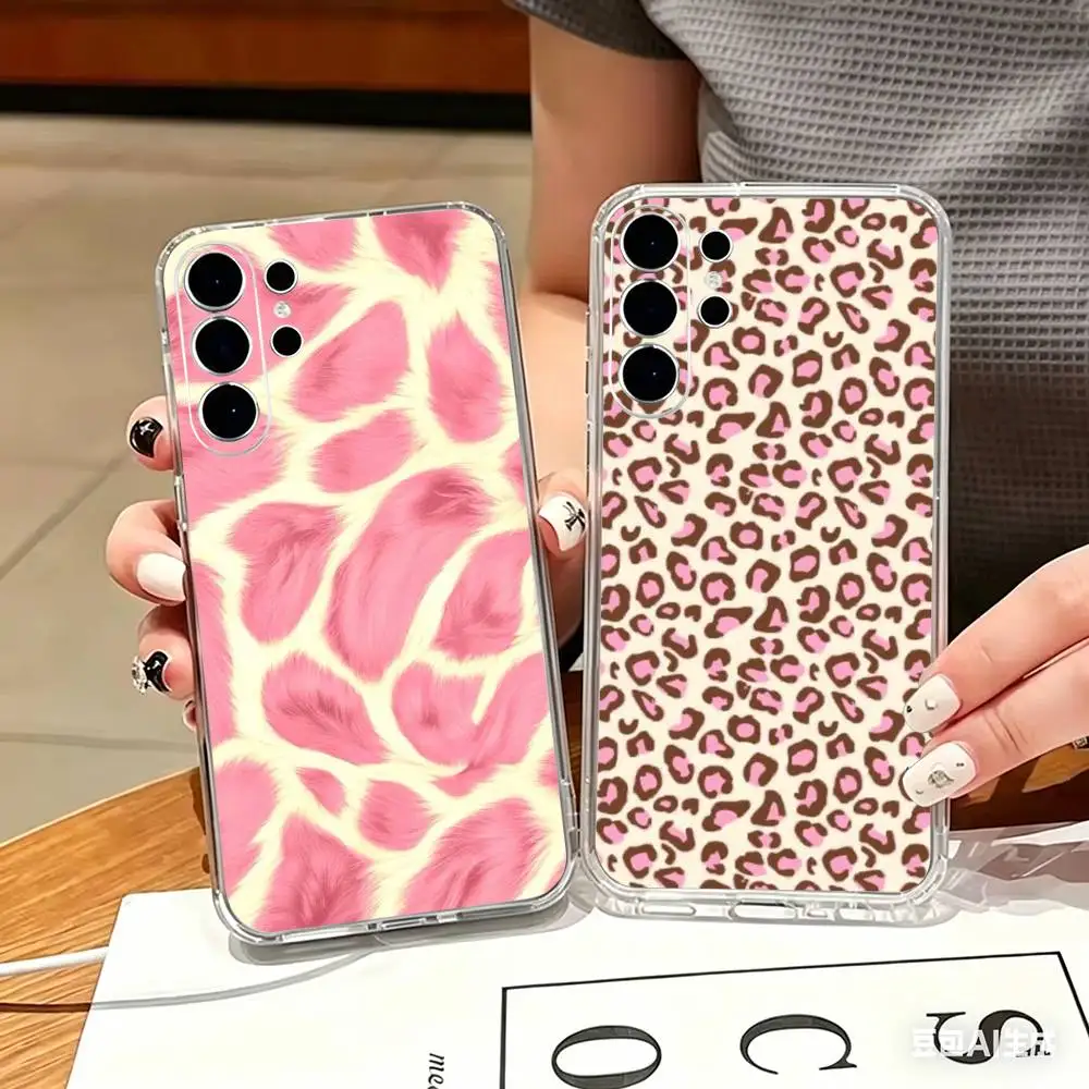 Luxury  Pink Leopard Print  Phone Case For Samsung S25,S24,S21,S22,S21,S20,S10,S9Ultra,Plus,Fe,Lite Transparent Cover