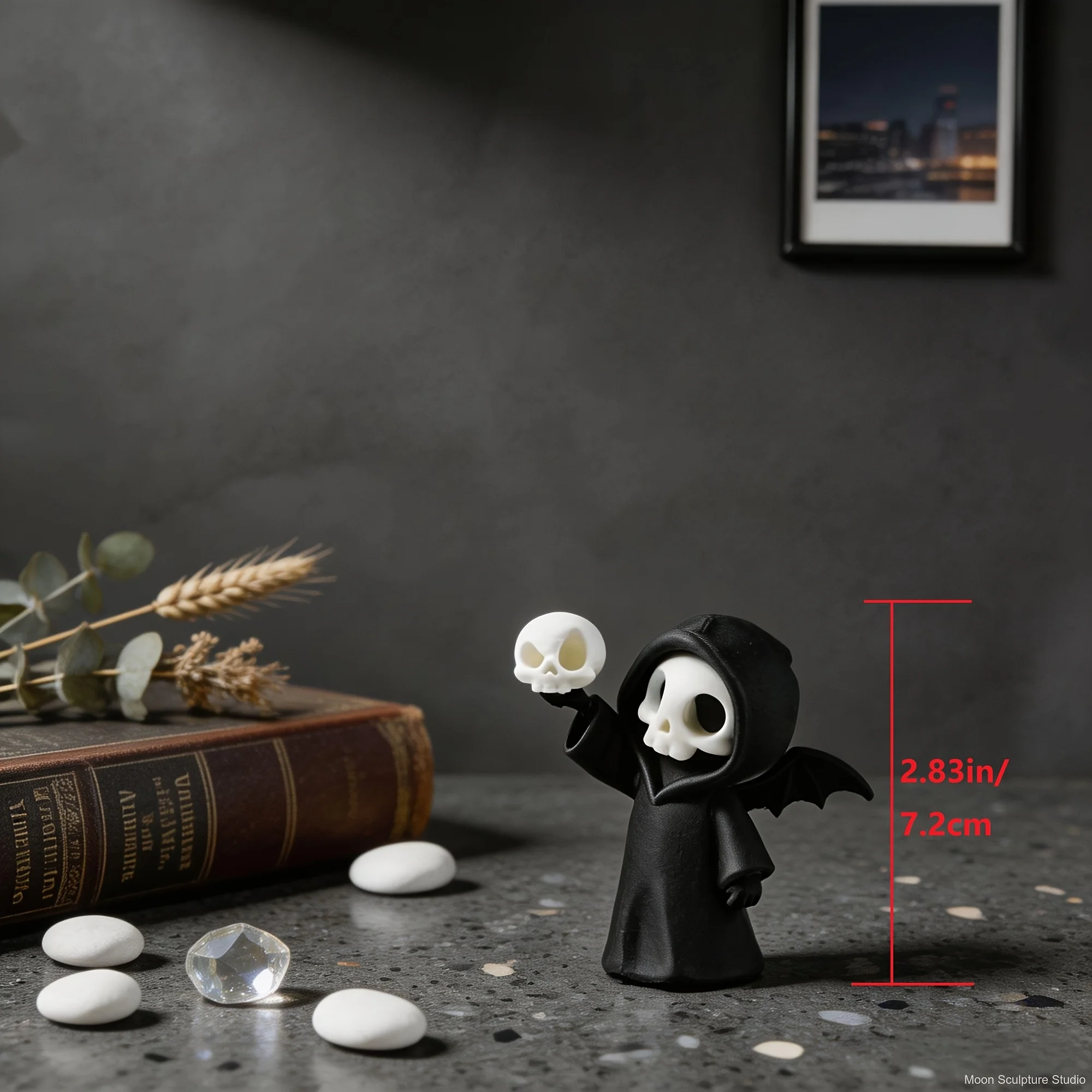 Mini Grim Reaper Resin Figure with Wings, Kawaii Skeleton Statue Holding Skull, Gothic Desktop Ornament for Halloween Party view 3