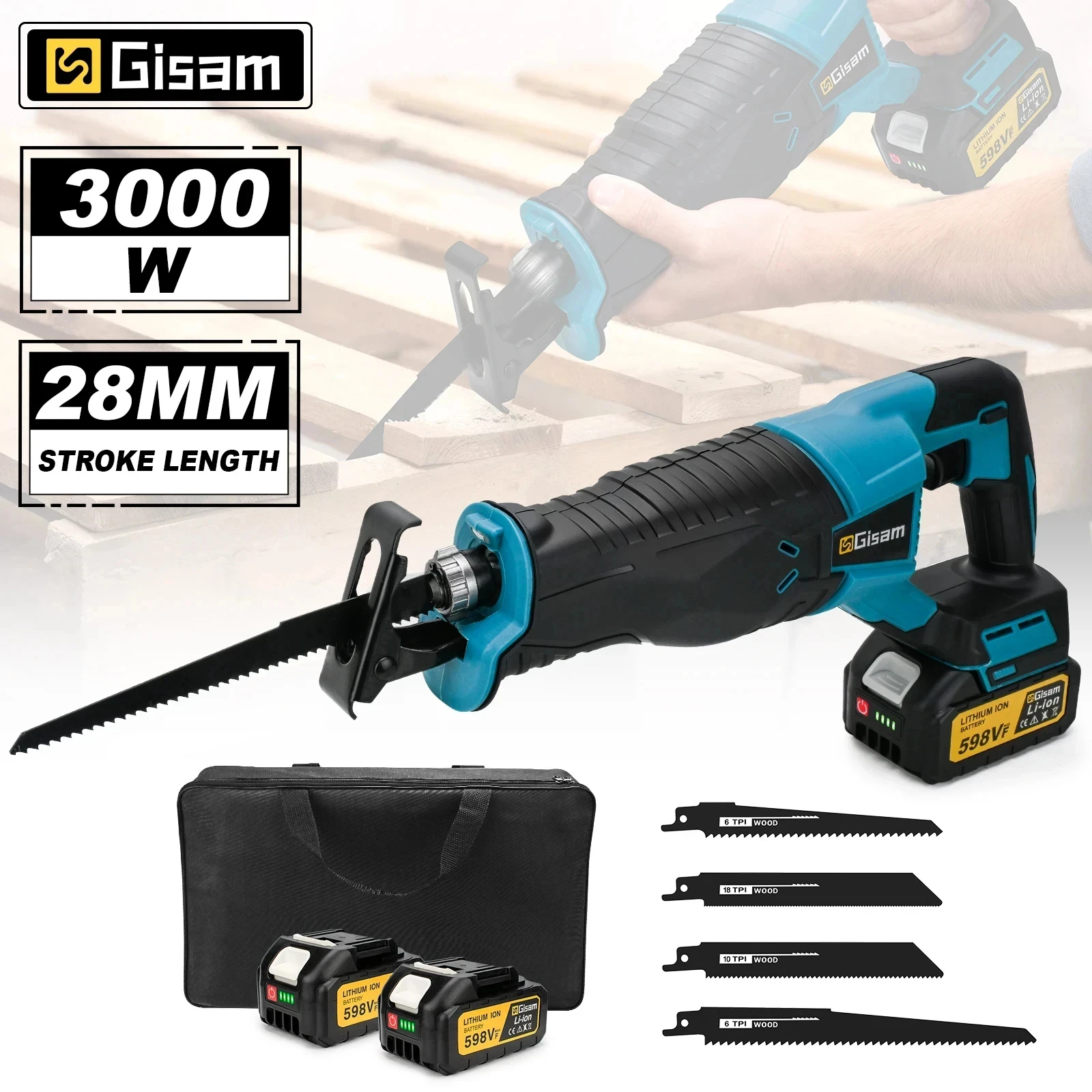 Gisam 10000SPM Akku-Säbelsäge, elektrische Säge zum Schneiden von Holz/Metall, Elektrowerkzeug mit 4 Sägeblättern für Makita 18V Akku.