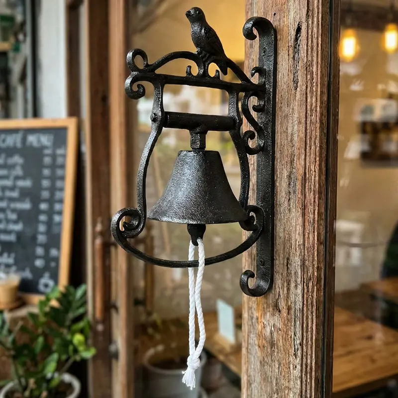 1Pc Vintage Cast Iron Door Bell Wall Mounted Doorbell Retro Pull String Hanging Bell for Garden Yard Home Cafe Wall Decoration