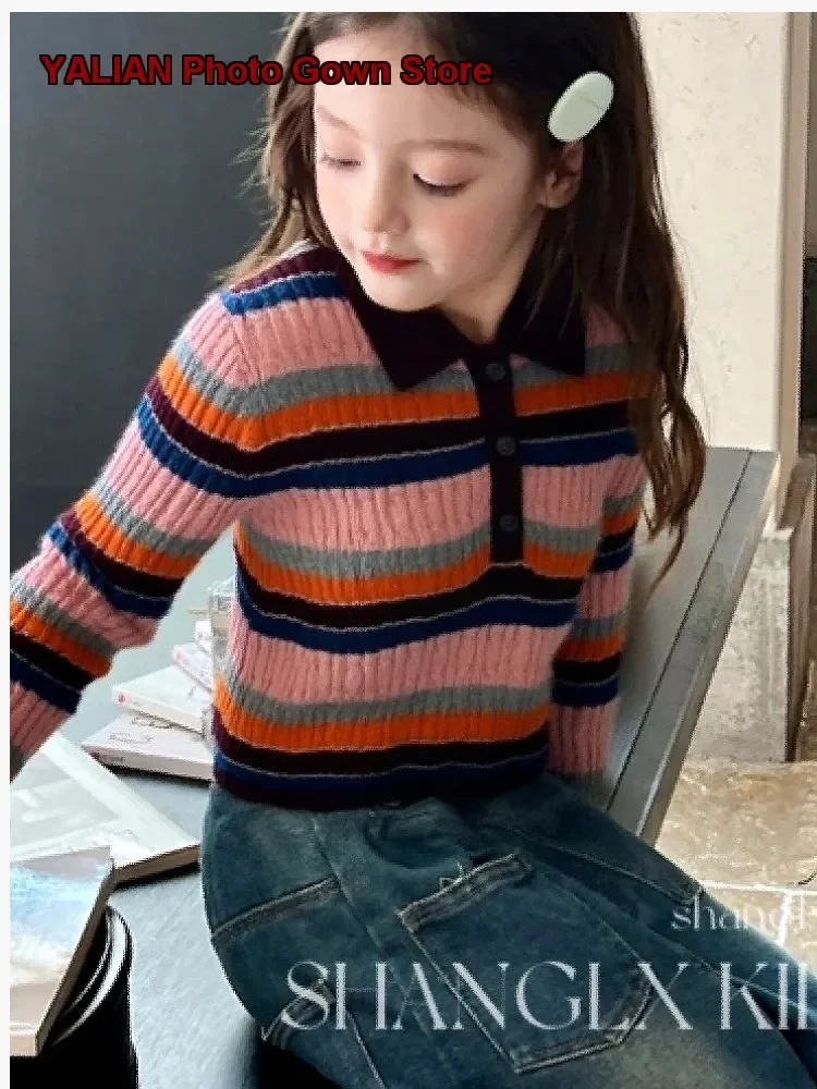 Girls Polo Collar Knit Top Kids Autumn Rainbow Striped Geometric Pattern Fashionable