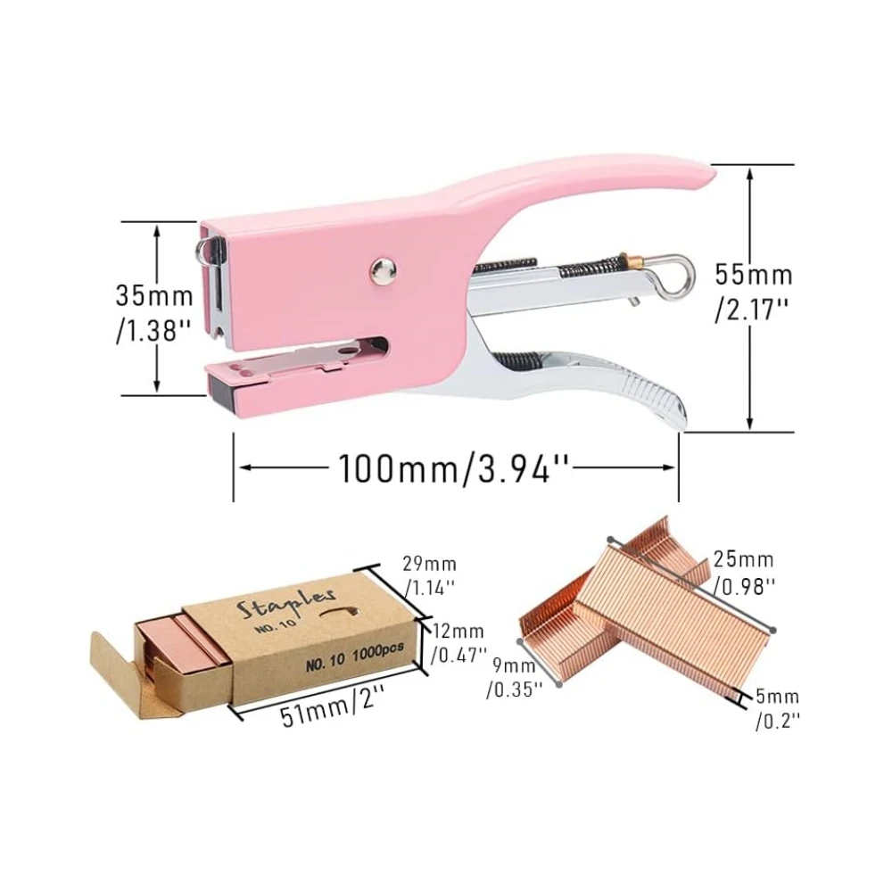 Mini Grampeador Portátil com Grampos Conjunto, Metal Hand Held Alicate, 1000 Grampos de Ouro Rosa, Home Office Encadernação, No.10