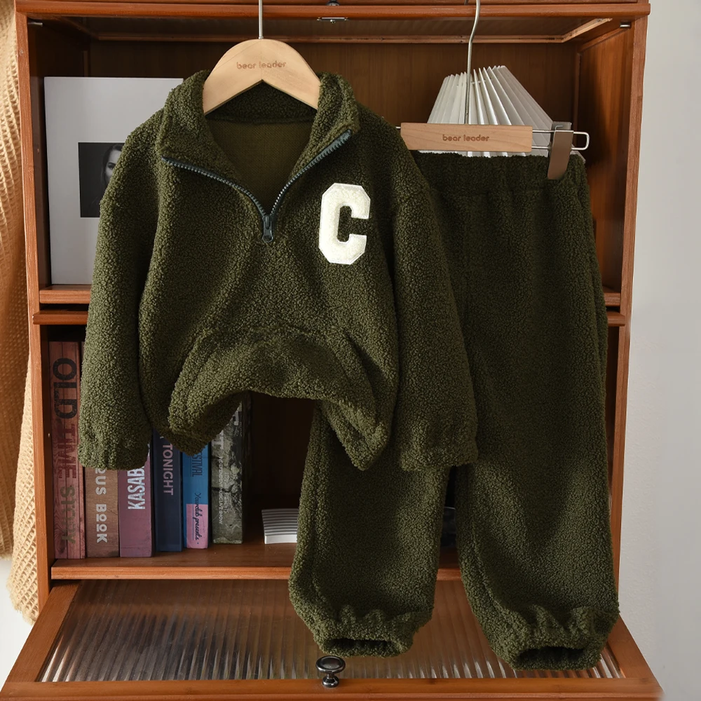 Autumn and Winter Solid Color Casual Sportswear Plush Girls' Clothing Long Sleeved High Neck C-letter Top + Pants Kids Clothes