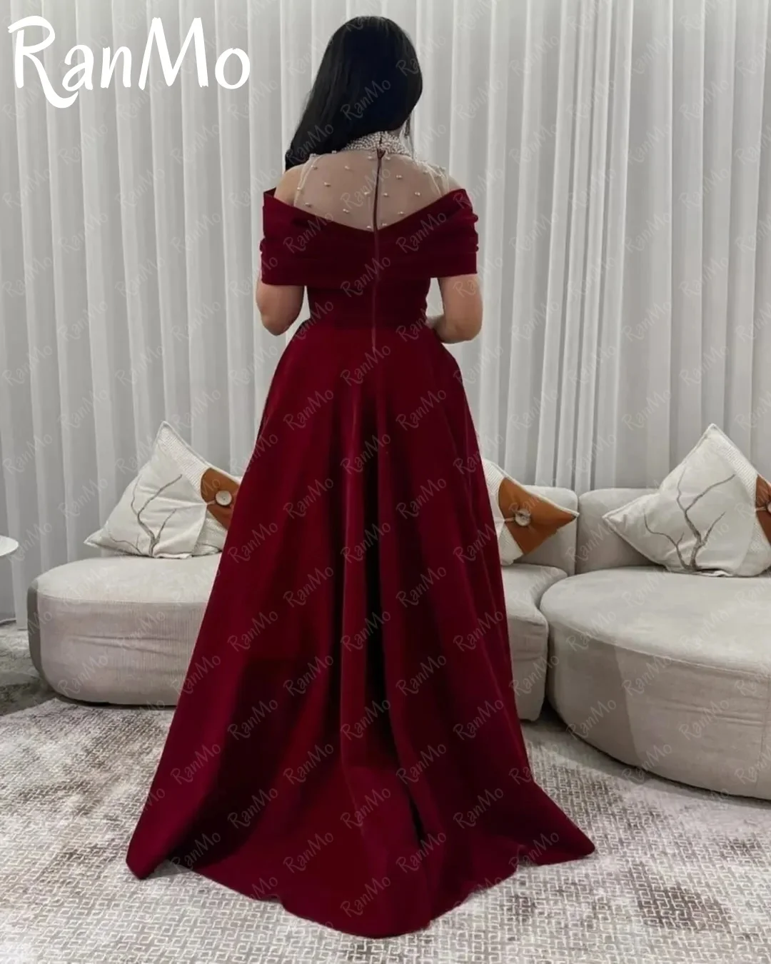 Ranmo 2025 Elegant Velvet Off Shoulder A-line Evening Dress Beading Short Sleeves Customized Dubai Mermaid Occasion Prom Dress