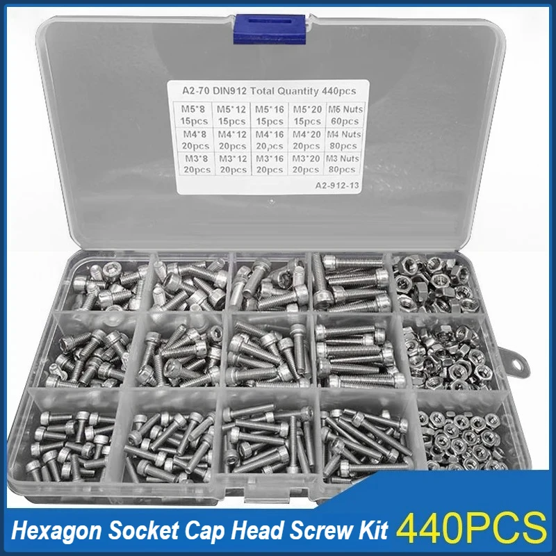 

440PCS M3 M4 M5 Hex Hexagon Socket Cap Head Screws Set 304 Stainless Steel DIN912 Allen Screw Bolt and Nut Assortment kit