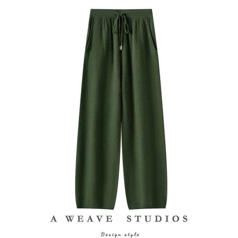 Special Color Women Cashmere Pants Drawstring Elastic Waist Straight Pants 100% Cashmere Knitted Autumn Winter Pockets Trousers
