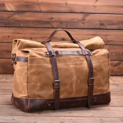 Retro Men's Travel Handheld Luggage Bag Large Capacity Canvas Leather Luggage Bag Crossbody Bag Weekend Overnight Handbag