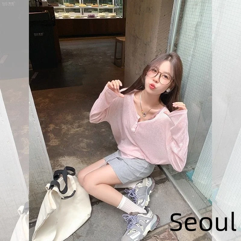 Soft pink niche tie-back open-back long-sleeve T-shirt for women, summer hollow-out lazy style ins sun-protective top