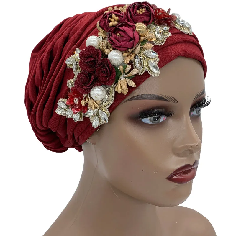 Luxury Rhinestone Flower Pleated Turban Cap Elegant Women\'s Head Wrap Headscarf Bonnet Female Party Headwear Hat Turbante