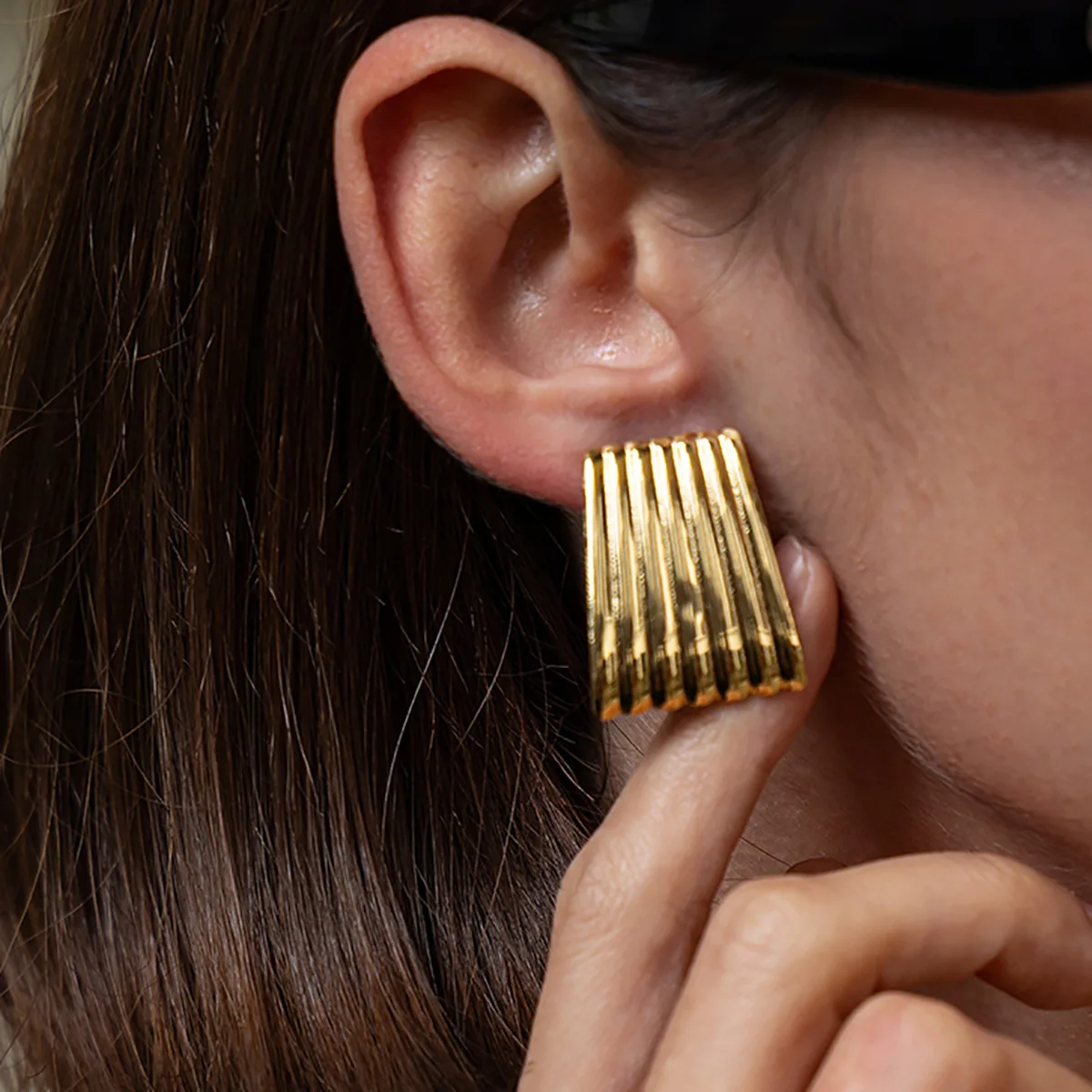 Textured Stainless Steel Stud Earrings Polished Vertical Stripes Square Geometric Unique Lightweight for Women Daily Commuter