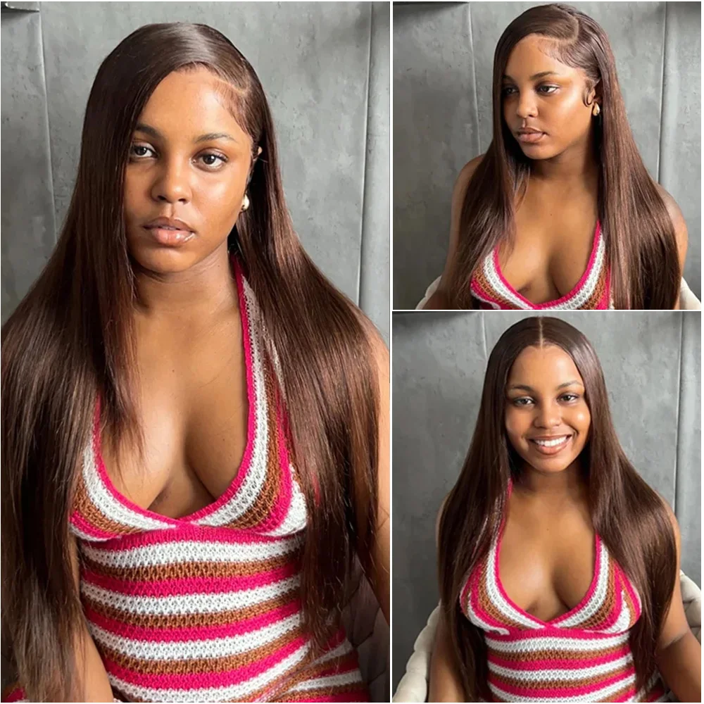 

40 46 Inch Chocolate Brown 13x4 Straight Lace Front Human Hair Wig For Women 13x6 HD Lace Frontal Wigs Pre-plucked 200% Density