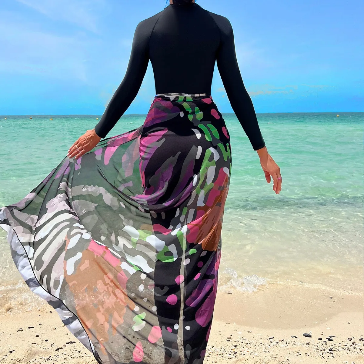 New Burkini femmes Muslim beach swimwear long sleeve long belt gauze swimsuits Middle East conservative long print women swim