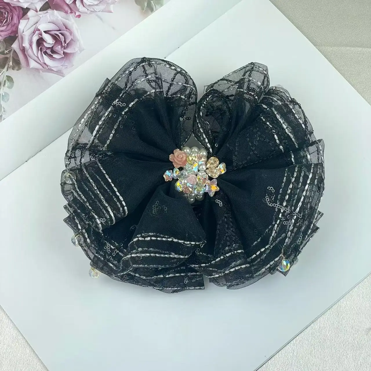 Horquilla original resistente con satén, diamantes de imitación, lazo de malla, accesorio para el cabello con clip de resorte elegante y dulce