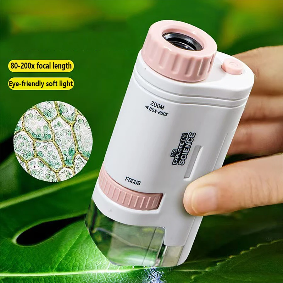 Microscope portable pour enfants, loupe 80-200X, jouet éducatif scientifique pour la recherche optique, exploration en plein air et apprentissage