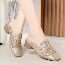 Fashion Rhinestone Close Head Cutout Slippers Women Mules Summer 2024 Breathable Slingback Soft Bottom Shoes Casual Slippers