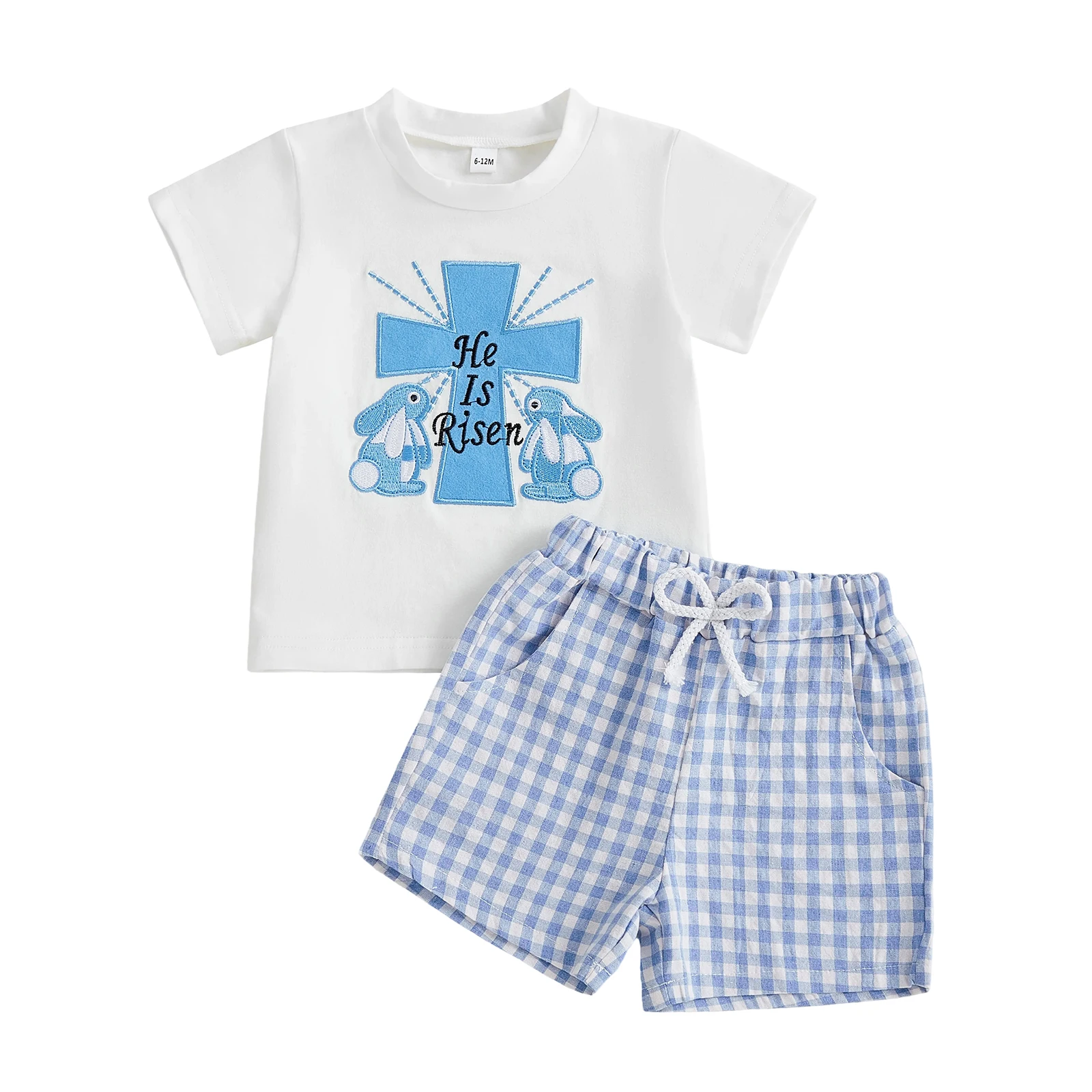 Toddler Boy Girl Easter Outfits Bunny Cross Print Short Sleeve Round Neck Tops and Plaid Shorts Set