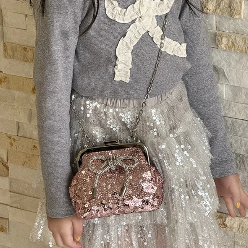 

Fashion Bow Sequin Children's Mini Shoulder Bags Sweet Princess Girls Crossbody Bag with Chain Outdoor Kids Handbags Coin Purse