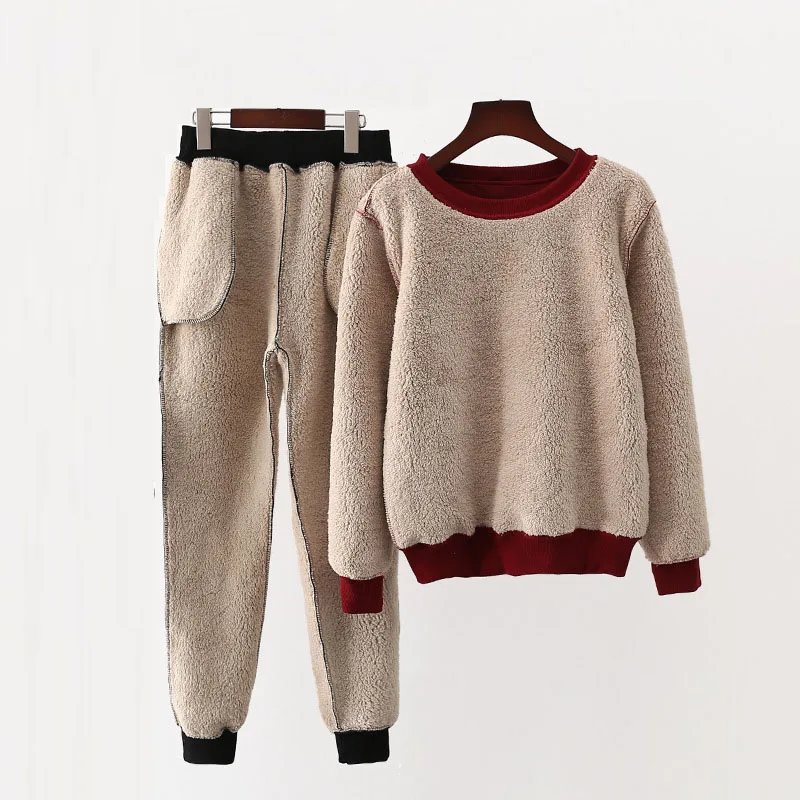 

Autumn Winter Women Tracksuit Cotton Suit Two Piece Set O-Neck Pullover Sweat Suit + Haren Pants Thicken Warm Lady Cashmere Suit