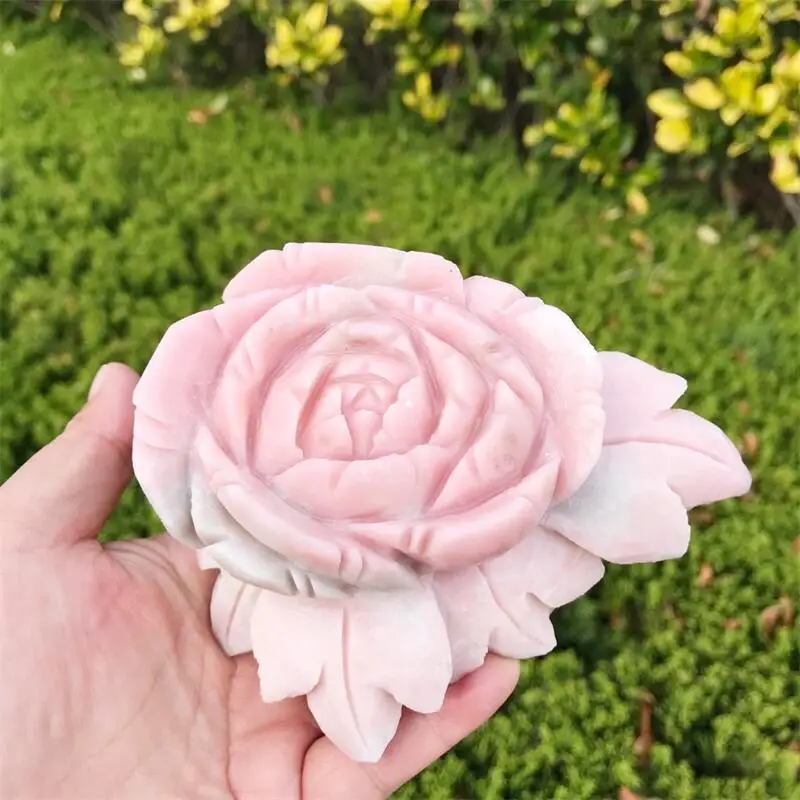 

11.5CM Natural Pink Opal Flower Hand Crystal Carving Healing Stones Reiki Gifts Quartz Home Decoration 1PCS