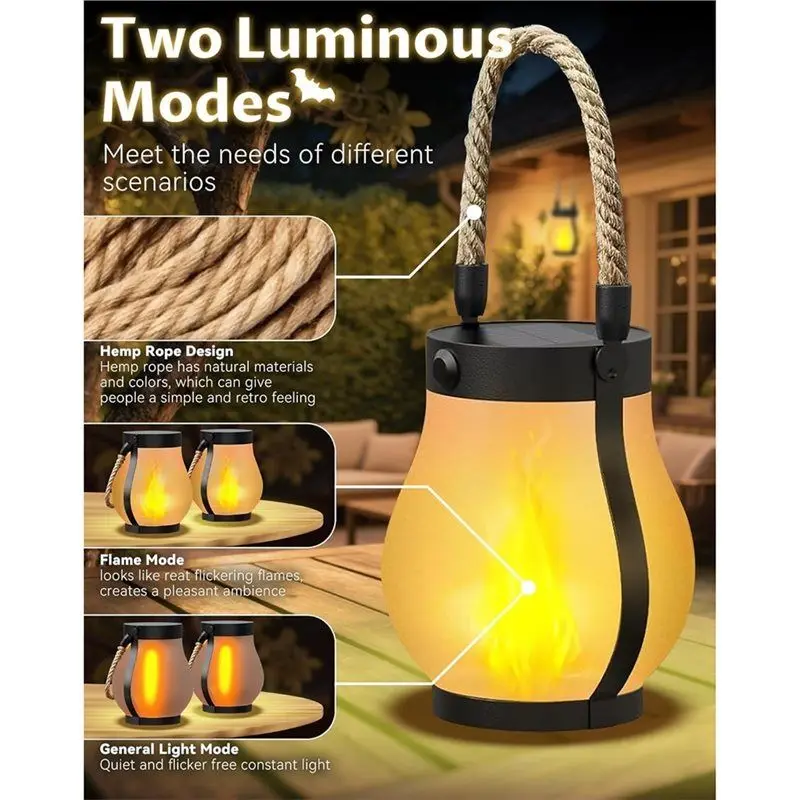 Y42A-Solar Lanterns Lights Flickering Flame Garden Lamp With Dual Charging USB & Solar Outdoor Hanging Lantern