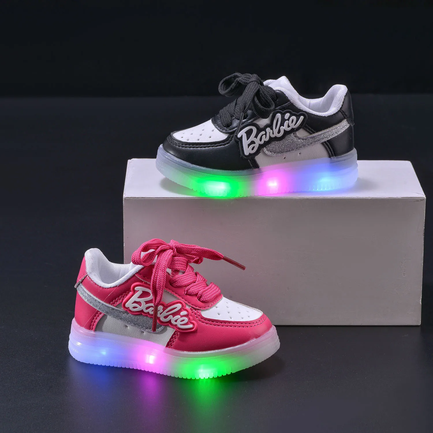 Barbie Shoes Kids LED Shoes Children Tennis Shoes Girls Luminous Sport Shoes Baby Casual Sneakers Cute Lighted Shoes Size 21-30