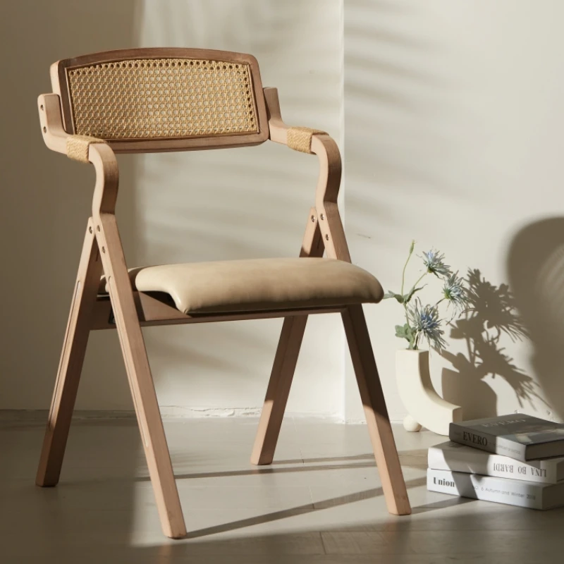 Minimalist Boho Foldable Dining Chair Solid Wood Woven Armchair Compact Washable Linen Cover for Study Desk Balcony
