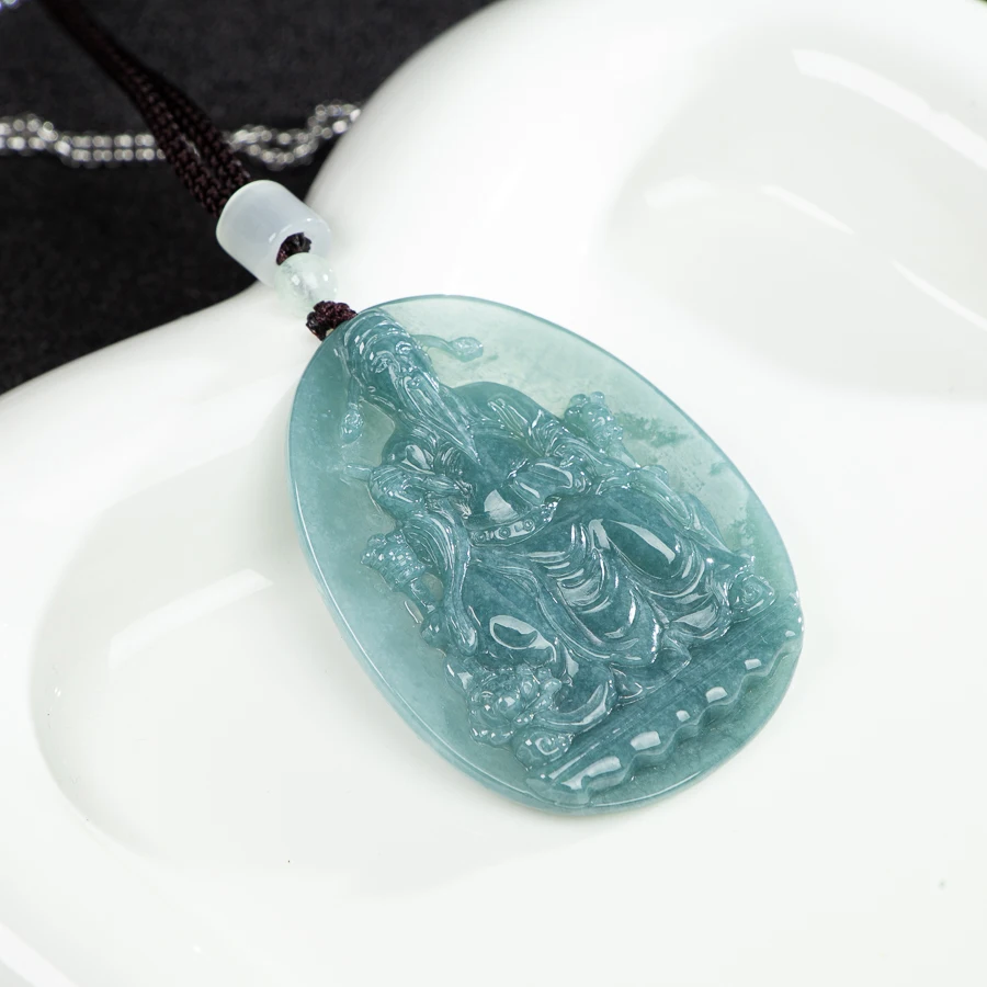 

TIMESWIND Light Blue Natural A-type Jade Wen Chang Emperor Carved Pendant Men Necklace with Certificate