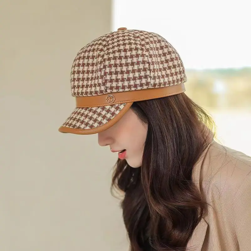 Fashion Woman\'s Houndstooth Beret Hat Ladies Higt Quality Octagonal Hat Girl Vintage Autumn Winter Painter Cap Female Koren Hat